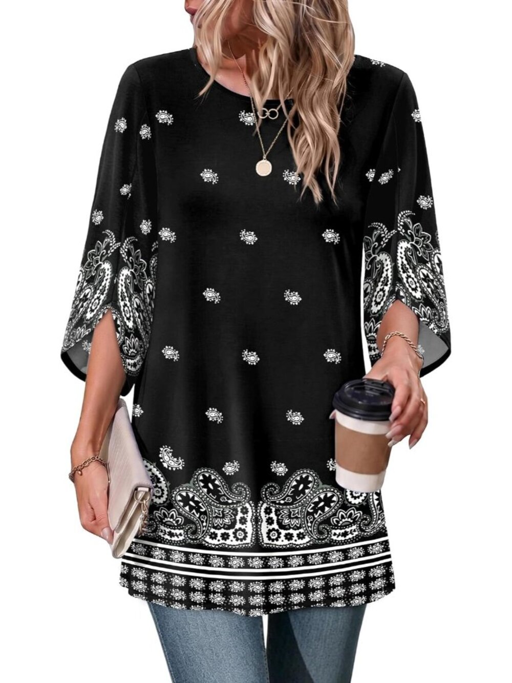 Women's Black Flower 3 4 Length Sleeve Crew Neck Casual Tops Imported T Shirts